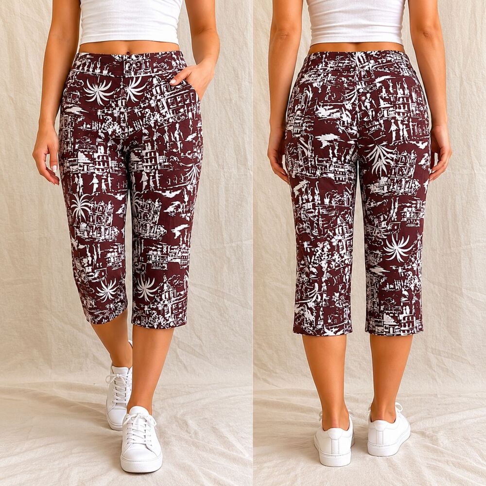 vintage y2k Carolina Blues Brown Tropical Print Stretch Capri Pants Size 8